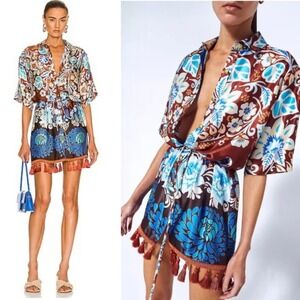 ALEXIS Brun Blossom Print Tassel Mini Dress‎ Shirt Dress Womens Size Small NEW